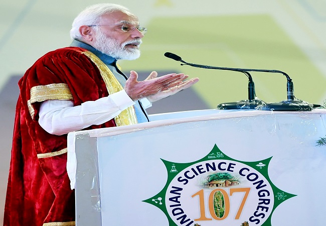 Prime Minister Narendra Modi delivering the inaugural speech at the 107th session of Indian Science Congress