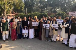 Congress leaders stand in protest against BJP govt’s unconstitutional practices & hate politics