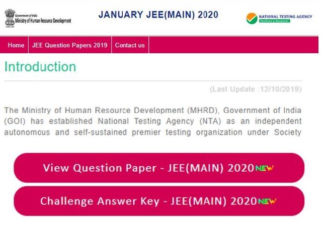 JEE Main Answer Key 2020 and Question Paper released at jeemain.nta.nic.in