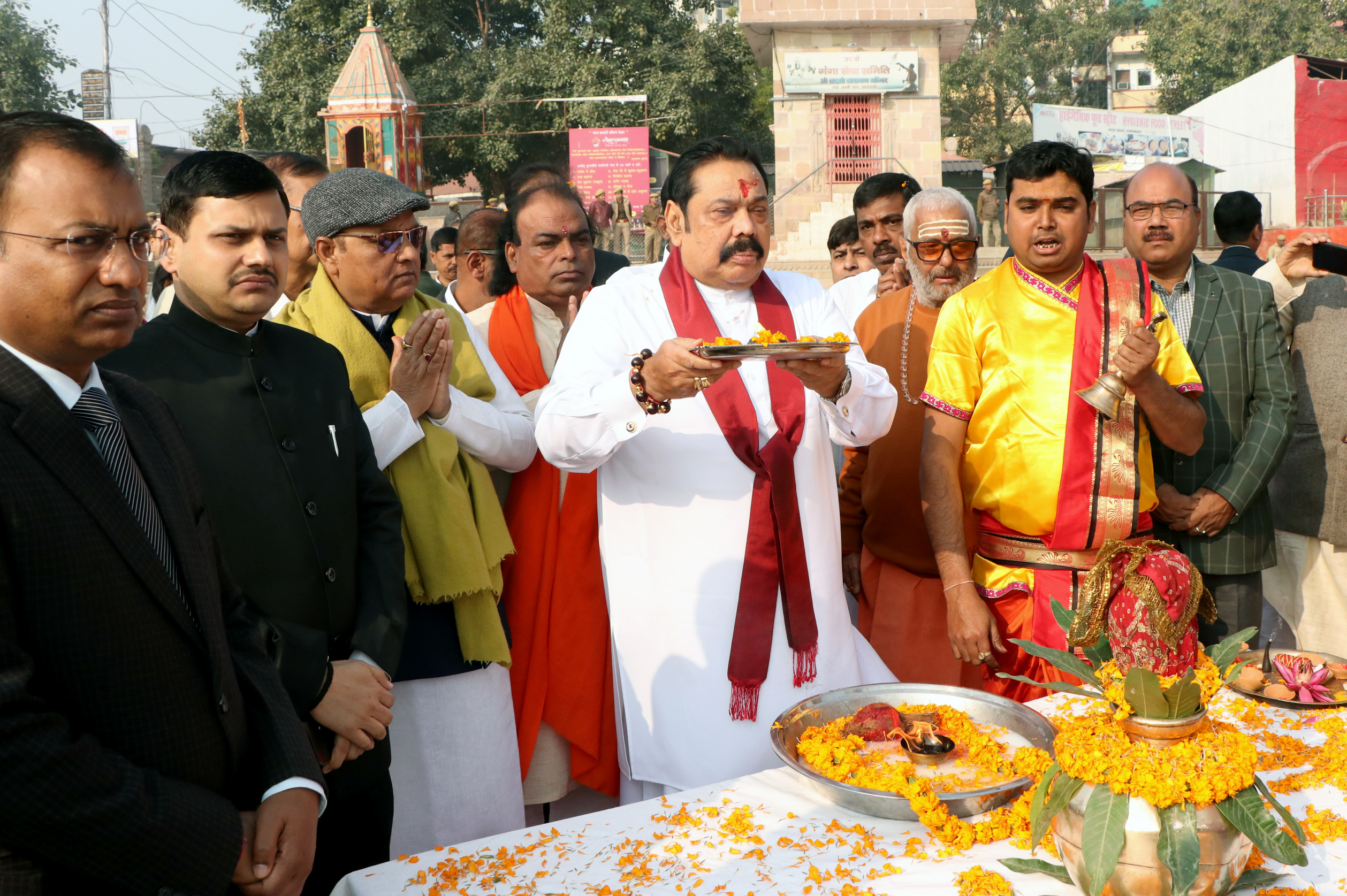 Sri Lankan PM Mahinda Rajapaksa offers prayers at Assi Ghat in Varanasi | See Pics