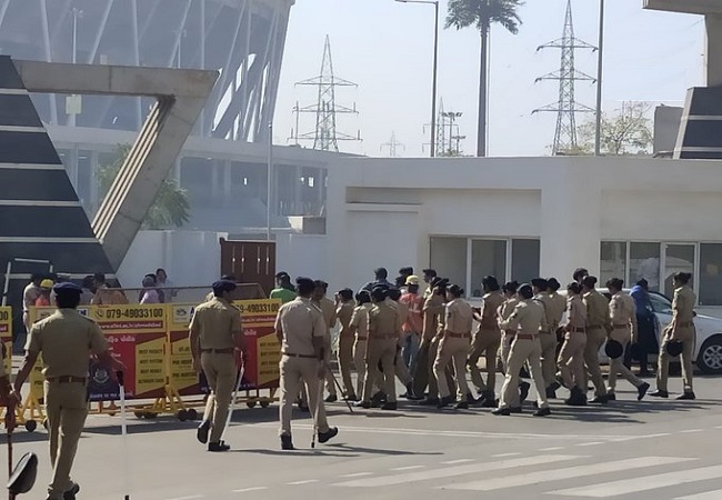 Security tightened outside Ahmedabad’s Motera Stadium ahead of Trump’s visit