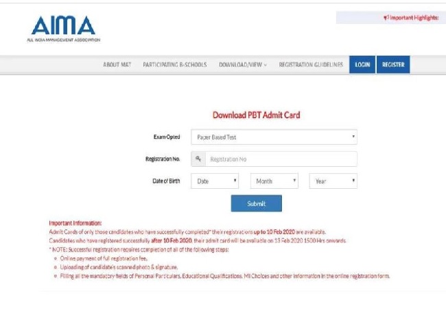 AIMA MAT PBT admit card 2020 released; check here
