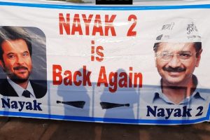 ‘Nayak 2 is Back Again’ – Filmy poster at the venue of Kerjiwal’s swearing-in
