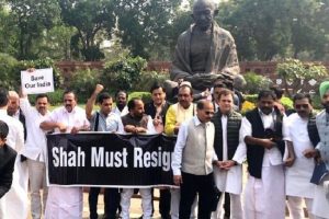 Congress MPs protest in Parliament premises against Delhi violence