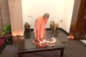 UP CM Yogi Adityanath lights earthen lamps to form Om (Video)