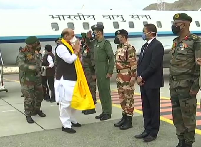 Rajnath Singh arrives at Leh Airport, to visit forward areas along LOC, LAC