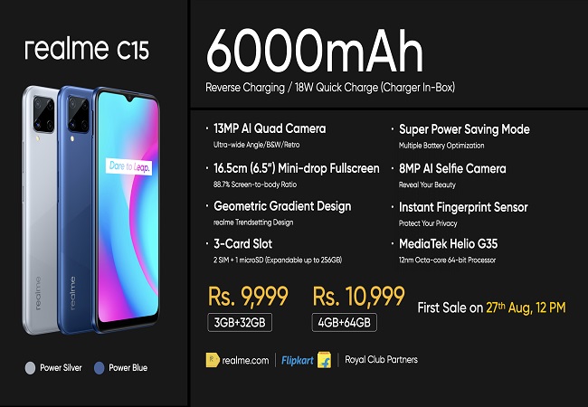 Realme C12, C15 with 6,000mAh battery, MediaTek Helio G35 SoC laucnhed in India: Check out price, specifications