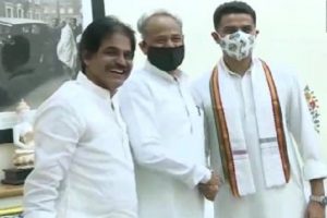 After month-long acrimony, Gehlot-Pilot’s handshake and embrace; smiles all around