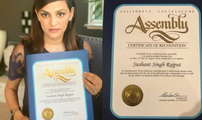 Sushant Singh Rajput honoured by California State Assembly, sister Shweta shares certificate