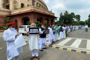 Opposition parties conduct silent protest march in Parliament over Farm Bills