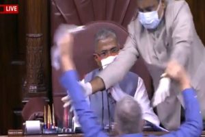 Ruckus in Rajya Sabha as opposition members rush to well & try to tear up farm bills
