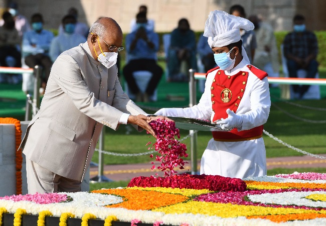 President Ram Nath Kovind pays homage to Mahatma Gandhi on his birth anniversary at Raj Ghat, in New Delhi on Friday.