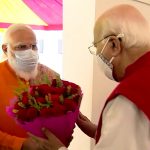 Prime Minister Narendra Modi greets senior BJP leader Lal Krishna Advani at the latter's residence on his birthday