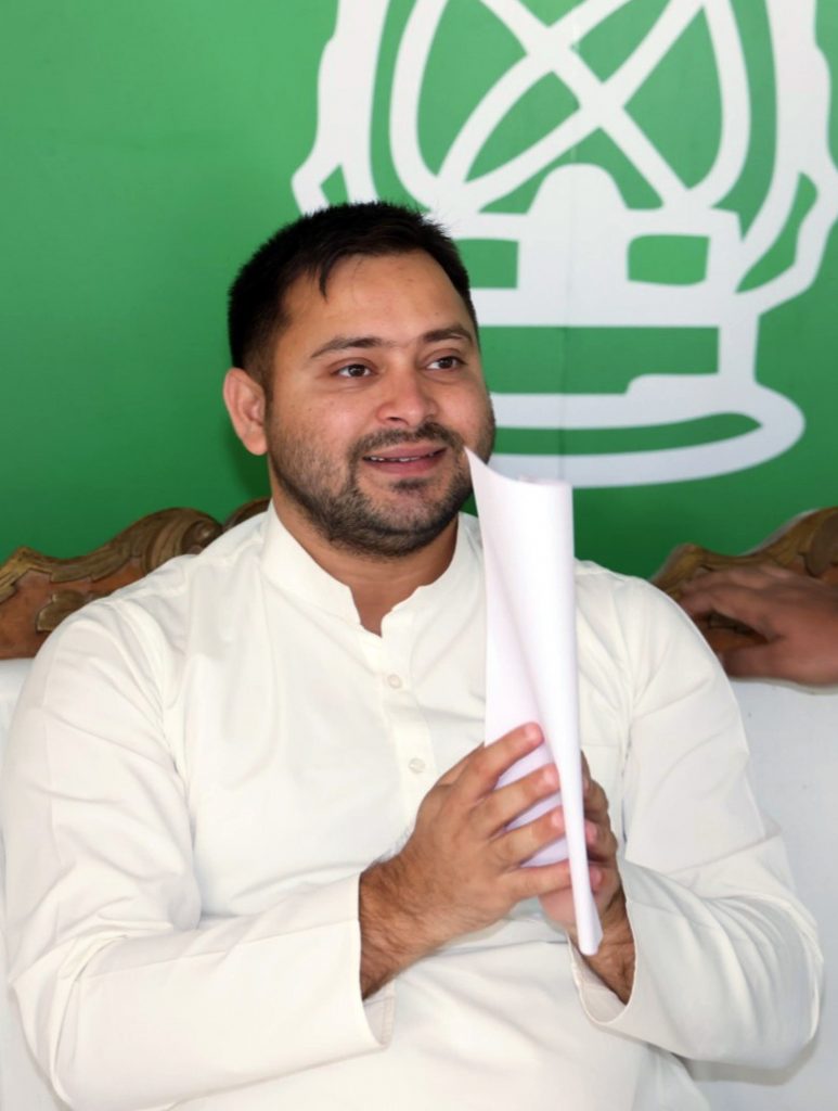 RJD leader Tejaswi Yadav attends the Grand Alliance meeting