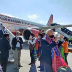 Telangana: A delegation of 80 foreign delegates travel on a special flight from Delhi to Rajiv Gandhi International Airport (Shamshabad Airport), in Hyderabad on Wednesday. (ANI Photo)