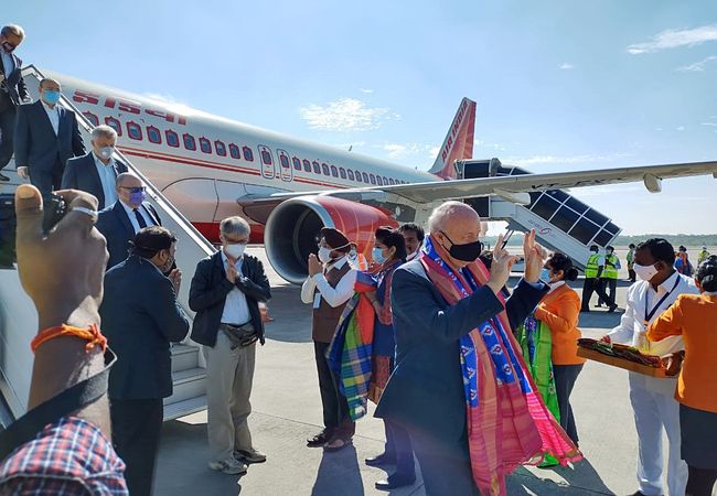 Telangana: A delegation of 80 foreign delegates travel on a special flight from Delhi to Rajiv Gandhi International Airport (Shamshabad Airport), in Hyderabad on Wednesday. (ANI Photo)