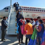 Telangana: A delegation of 80 foreign delegates travel on a special flight from Delhi to Rajiv Gandhi International Airport (Shamshabad Airport), in Hyderabad on Wednesday. (ANI Photo)