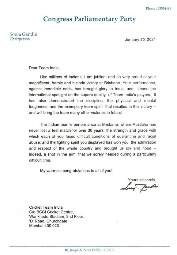 Sonia Gandhi congratulates Team India on emphatic series win against Aus
