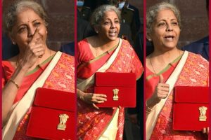 IN PICs: FM Sitharaman dons red saree, presents Budget on Made-in-India tablet
