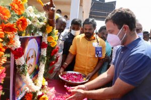 Rahul Gandhi pays floral tribute to MV Singaaravelar in Puducherry | See Pics
