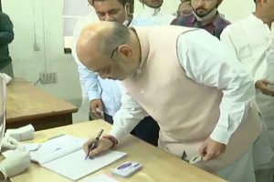 Gujarat local body polls: Amit Shah along with his family members casts his vote at Naranpura Sub Zonal Office in Ahmedabad