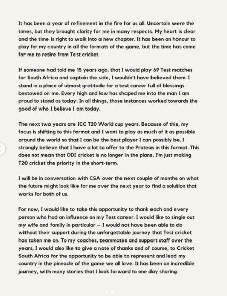 South African cricketer Faf du Plessis announces his retirement from Test cricket, issues statement on Instagram.