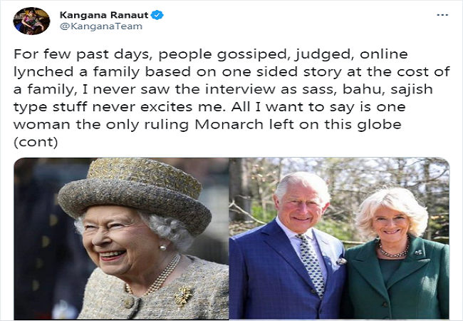 Kangana Ranaut praises Queen Elizabeth, amid Meghan-Oprah interview