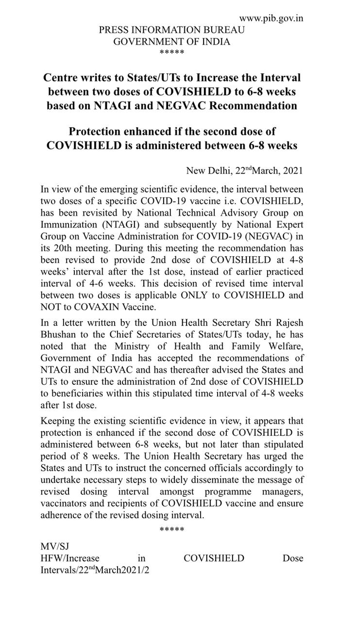 Increase gap between two doses of Covishield to 6-8 weeks: Centre writes to states
