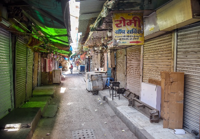 Shops seen closed at Chandni Chowk market amid the rise in Coronavirus cases, in New Delhi