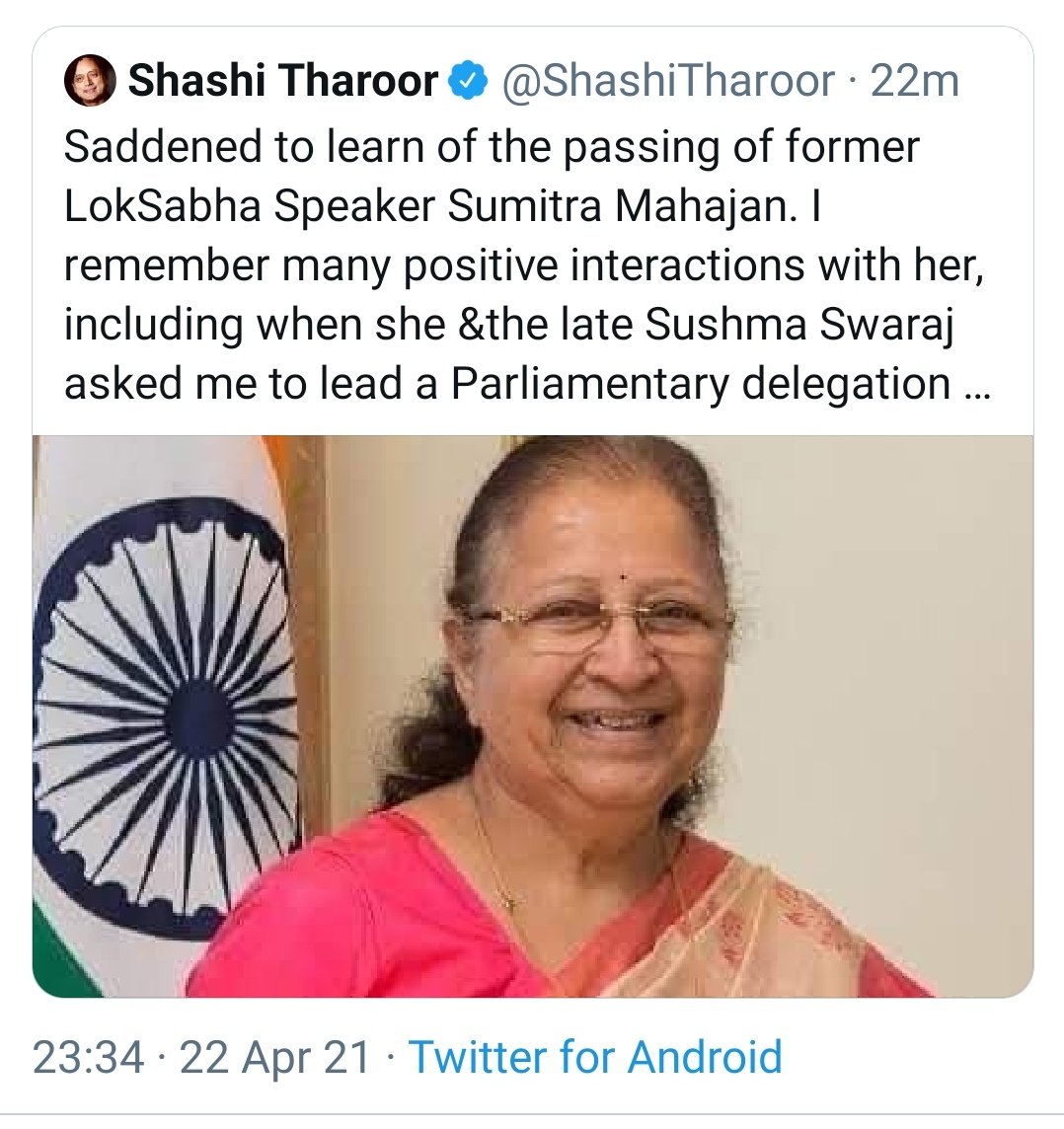 Shashi Tharoor tweets Sumitra Mahajan passes away; BJP says former LS ...