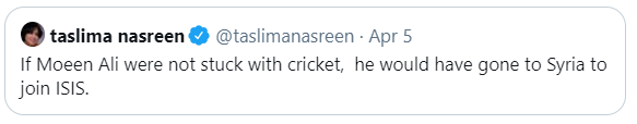 England Cricketers slams Taslima Nasreen over her 'ISIS' remark on Moeen Ali