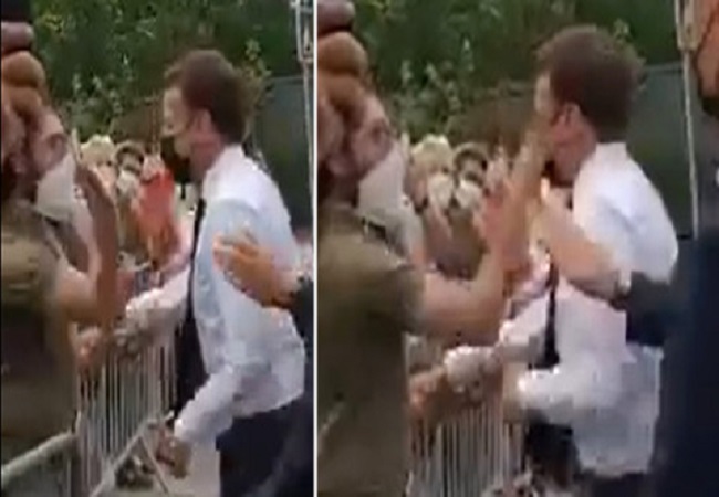 French President Emmanuel Macron slapped in face by man in crowd