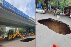 Huge section of road caves in under IIT Delhi flyover, traffic diverted