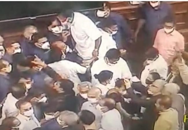 MPs jostle with marshals in Rajya Sabha -