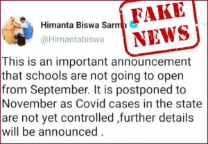 Assam CM flags fake tweet claiming schools won’t reopen in September
