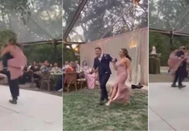 bride and groom fall off the stage