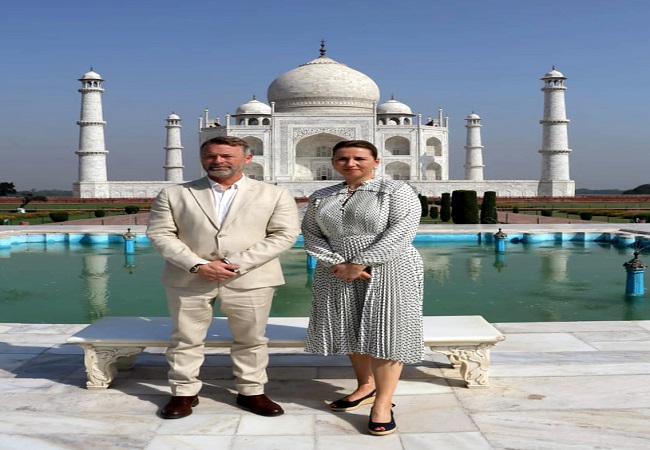 Denmark Prime Minister Mette Frederikse with her husband visit the Taj Mahal