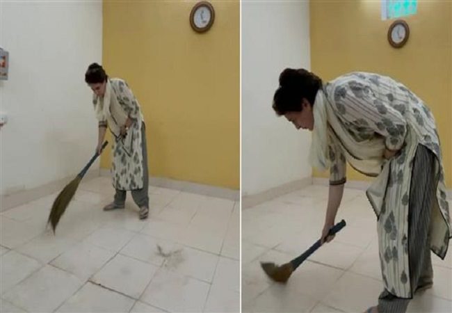 Priyanka Gandhi sweeps UP guest house where cops detained her, video goes viral