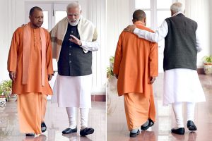 PM Modi interacts with Uttar Pradesh CM Yogi Adityanath; See Pics