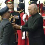 Delhi: Wing Commander (now Group Captain) Abhinandan Varthaman being accorded the Vir Chakra by President Ram Nath Kovind, for shooting down a Pakistani F-16 fighter aircraft during aerial combat on February 27, 2019.