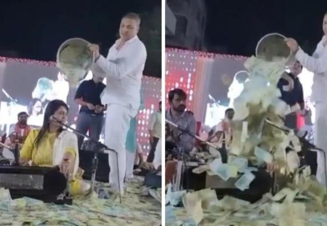 Watch Video: Gujarati folk singer showered with bucket of cash during performance