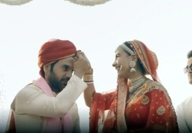 Watch: Rajkummar welcomes Patralekhaa with whistle; she applies sindoor on his forehead (Video)