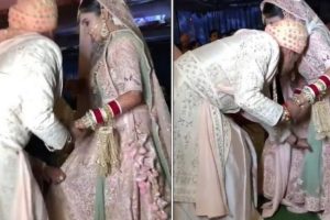 Bride struggles with lehenga while groom lends helping hand; Video goes viral