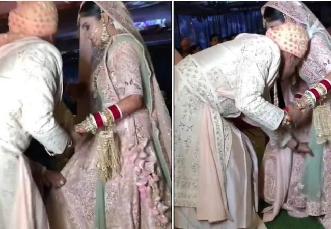 Bride struggles with lehenga while groom lends helping hand; Video goes viral