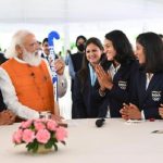 PM Modi with members of Women Hockey team during an interaction organised at his residence in Lok Kalyan Marg