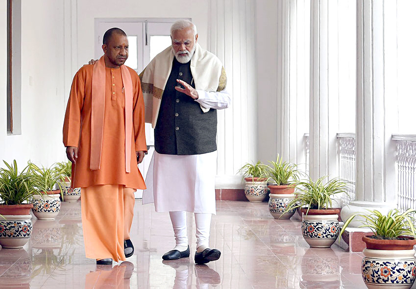 Prime Minister Narendra Modi interacts with Uttar Pradesh CM Yogi Adityanath