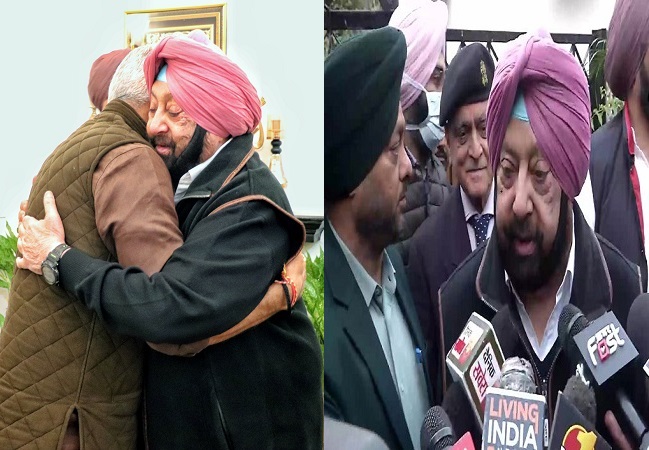 Punjab Lok Congress founder and former Punjab Chief Minister Captain Amarinder Singh and Union Minister Gajendra Singh Shekhawat greets each others,