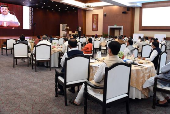 PM Modi sitting in the last row during a ‘Chintan Satra’ with his Council of Ministers at Sushma Swaraj Bhavan