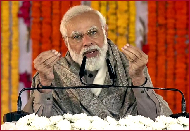 Prime Minister Narendra Modi addresses at the flagging off ceremony of the completed section of Kanpur Metro Rail Project, in Kanpur on Tuesday.