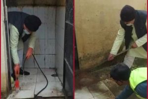 Madhya Pradesh minister Pradhuman Singh Tomar cleans toilet at government school in Gwalior